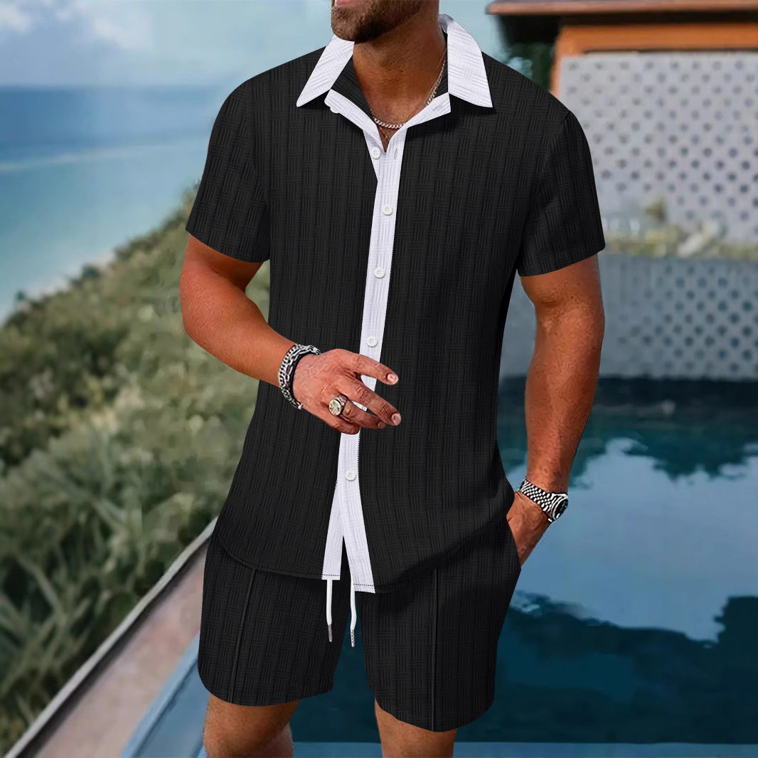 Summer Casual Men's Shirt Shorts Beach Set Color Block Design Short Sleeve Comfortable Cotton Polyester Blend Spring Autumn Wear - view 3