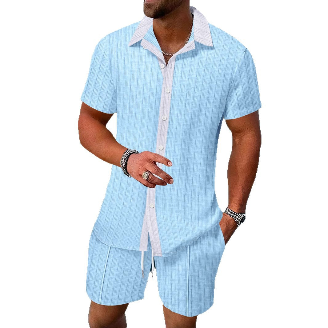 Summer Casual Men's Shirt Shorts Beach Set Color Block Design Short Sleeve Comfortable Cotton Polyester Blend Spring Autumn Wear - view 4