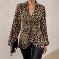Elegant Long Sleeve Shirt Spring   Style Leopard Print V-Neck Tie Waist Commuter Fashion Women's Top - front view