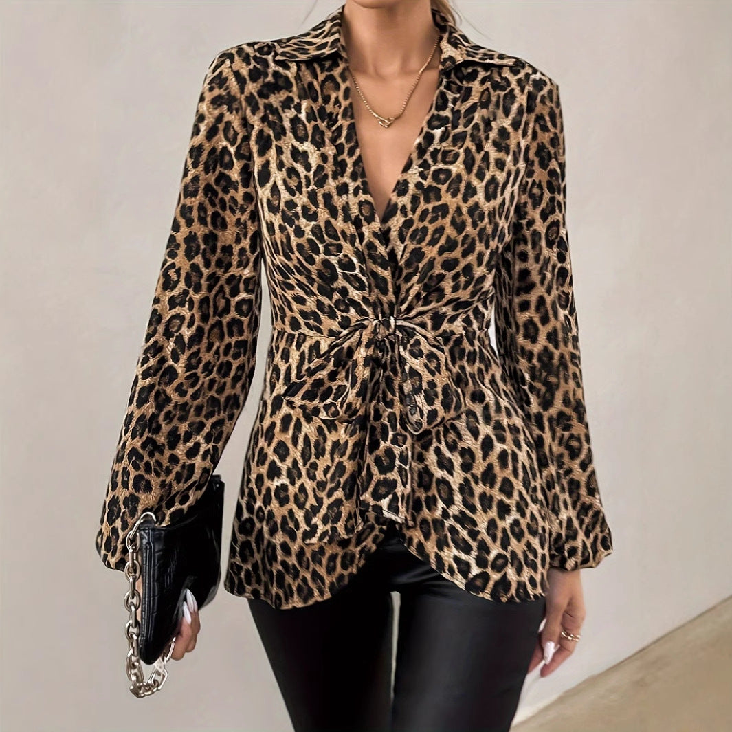 Elegant Long Sleeve Shirt Spring   Style Leopard Print V-Neck Tie Waist Commuter Fashion Women's Top - front view