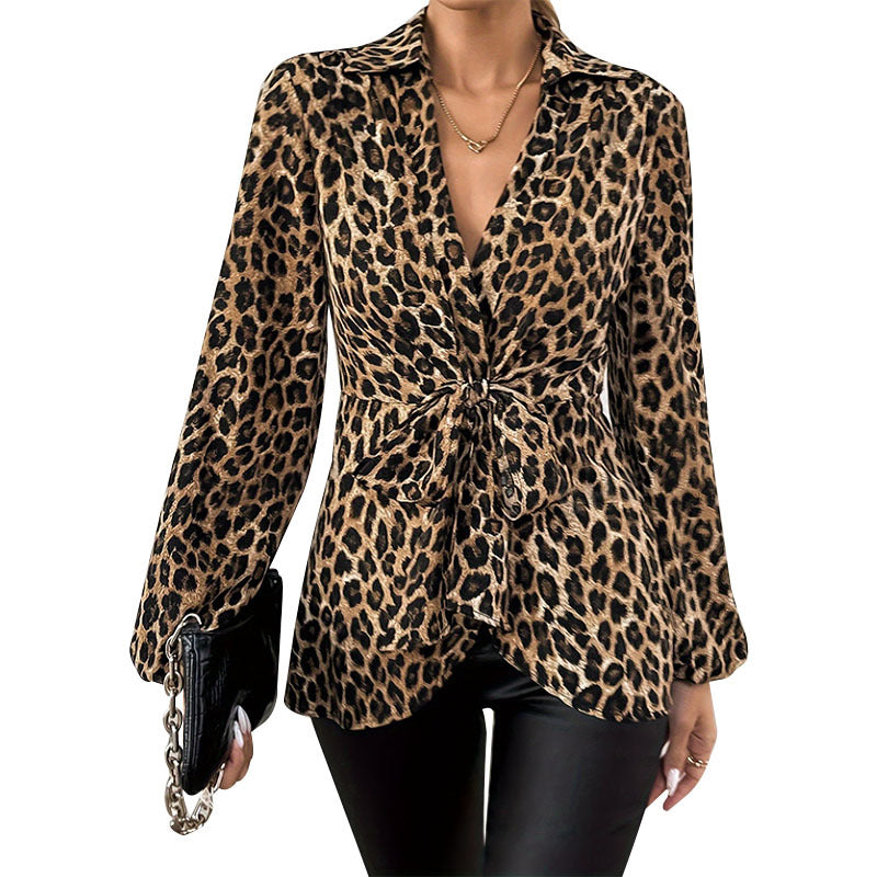 Elegant Long Sleeve Shirt Spring   Style Leopard Print V-Neck Tie Waist Commuter Fashion Women's Top - view 2