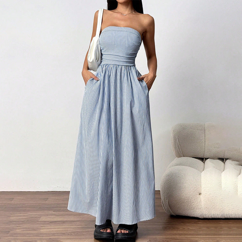 Sexy Long European Style Women's Dress With Chest Pocket Fashionable Classy Trendy Sleeveless A-Line Skirt Pure Color - front view