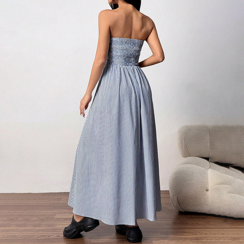 Sexy Long European Style Women's Dress With Chest Pocket Fashionable Classy Trendy Sleeveless A-Line Skirt Pure Color - view 2