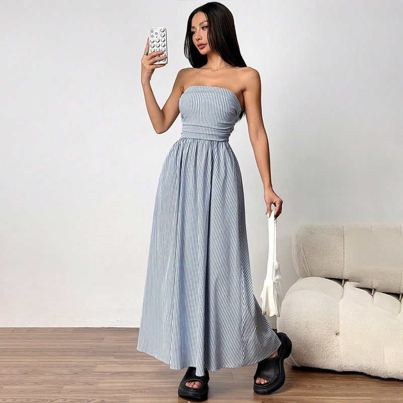 Sexy Long European Style Women's Dress With Chest Pocket Fashionable Classy Trendy Sleeveless A-Line Skirt Pure Color - view 3