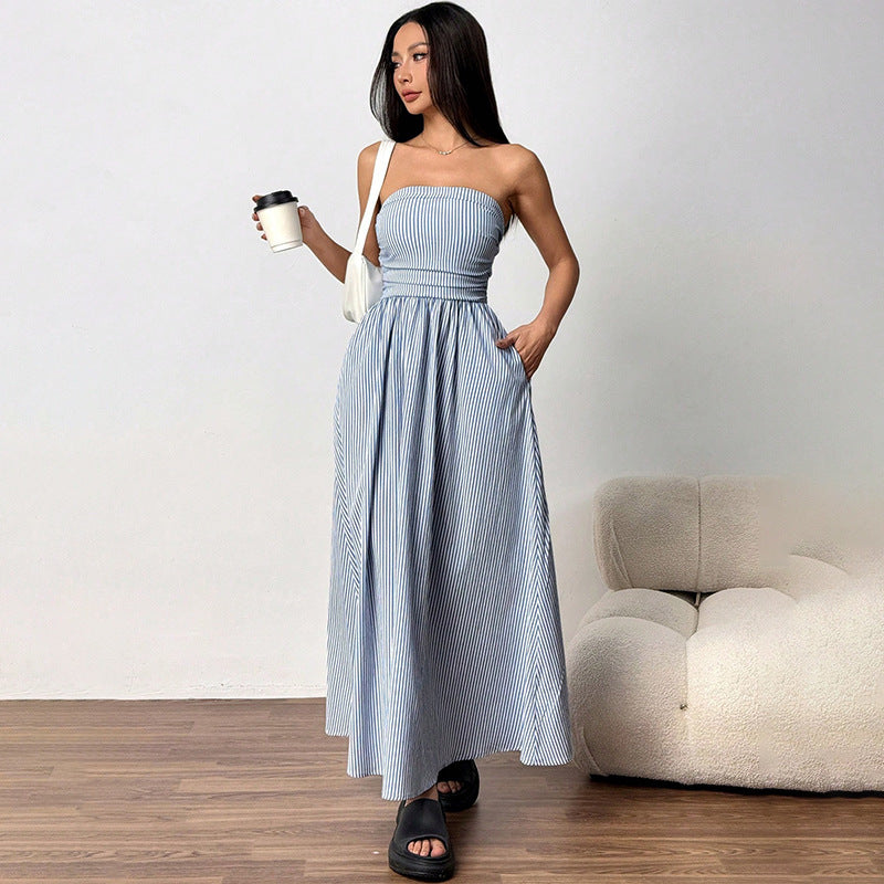 Sexy Long European Style Women's Dress With Chest Pocket Fashionable Classy Trendy Sleeveless A-Line Skirt Pure Color - view 4