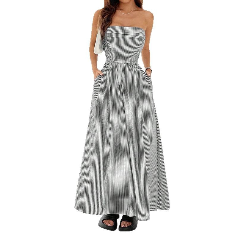 Sexy Long European Style Women's Dress With Chest Pocket Fashionable Classy Trendy Sleeveless A-Line Skirt Pure Color - view 5