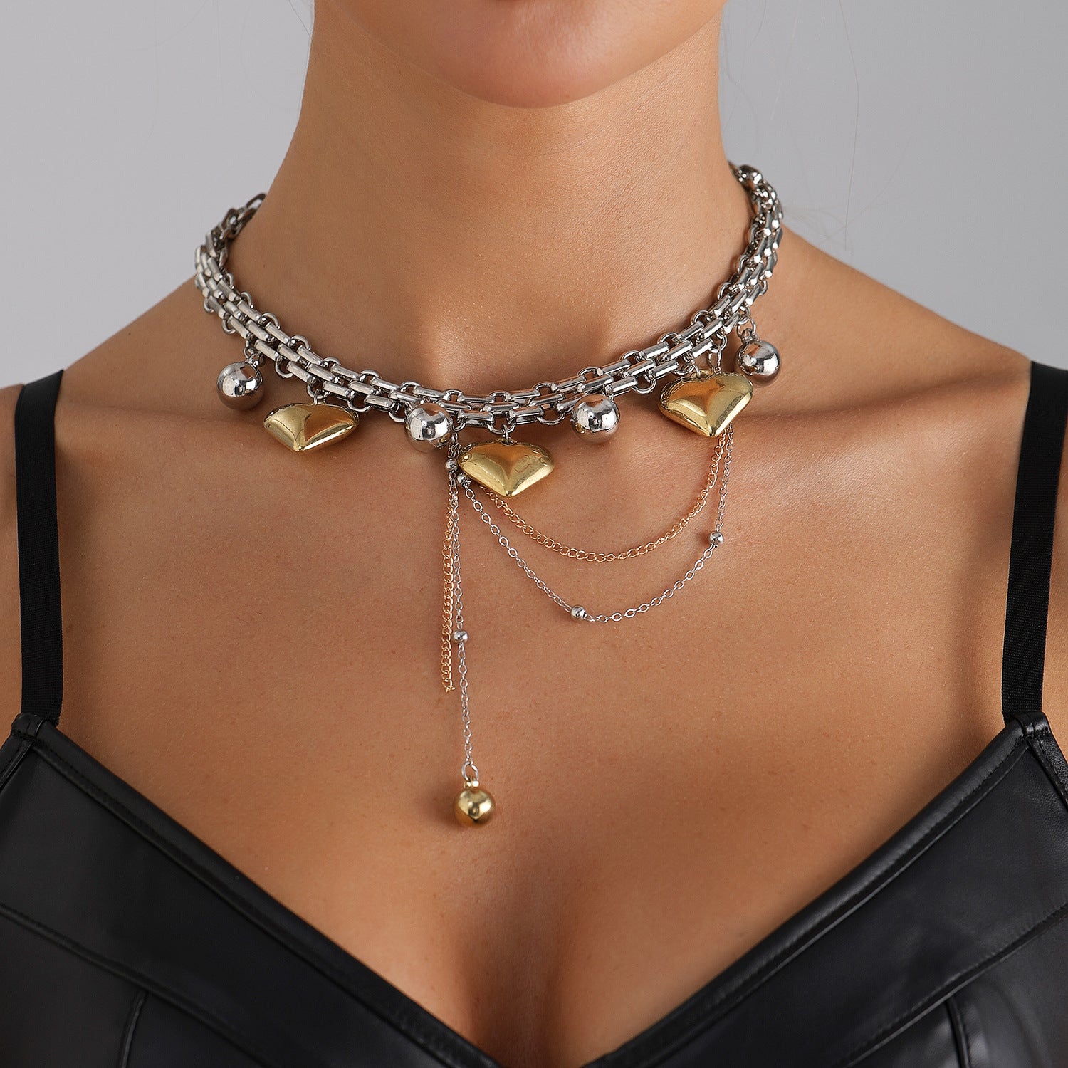 Punk Style Color Matching Heart-Shaped Tassel Necklace Geometric Pattern Alloy Material European And American Simple Necklace Women's Jewelry Wholesale - view 2