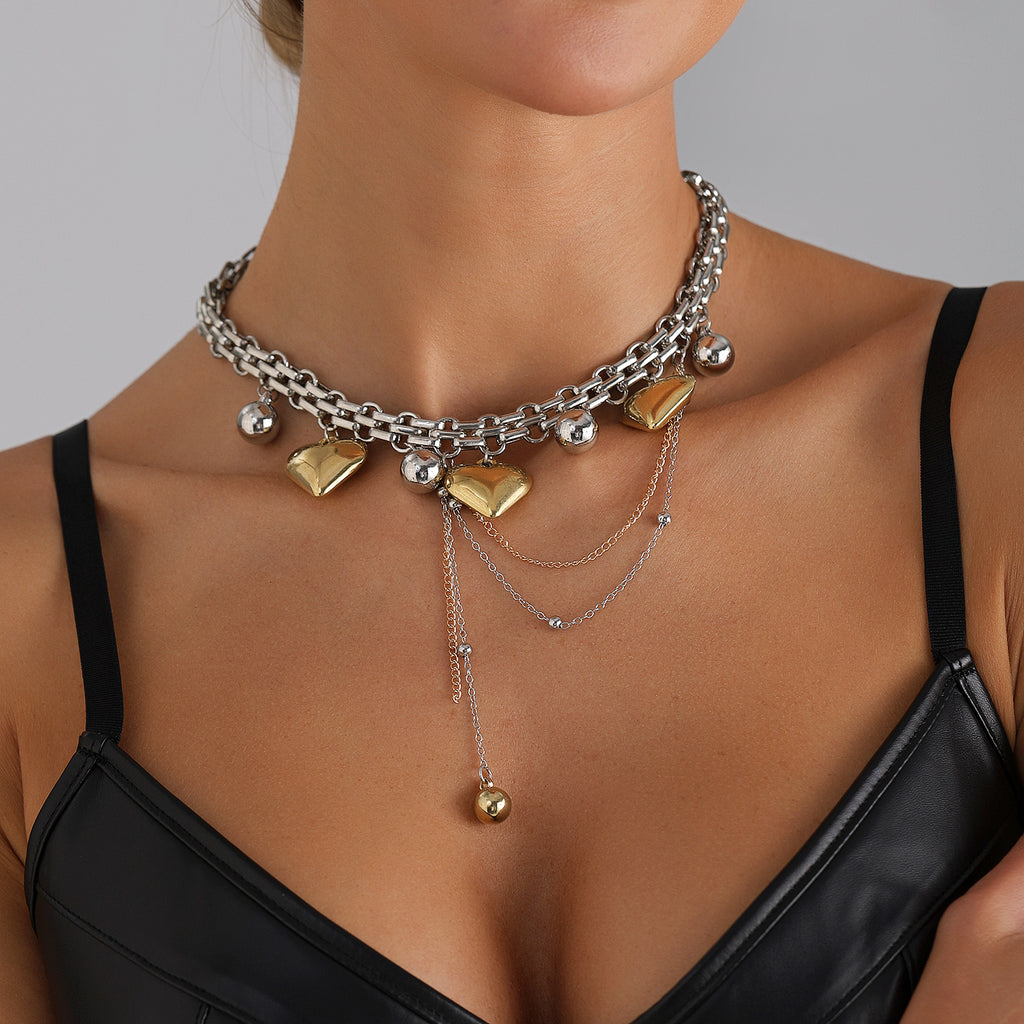 Punk Style Color Matching Heart-Shaped Tassel Necklace Geometric Pattern Alloy Material European And American Simple Necklace Women's Jewelry Wholesale - view 3
