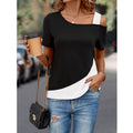 Asymmetrical Shoulder Short Sleeve T-Shirt Color Block Neck Design Casual Fit Women's Top Polyester Fabric New Style - front view
