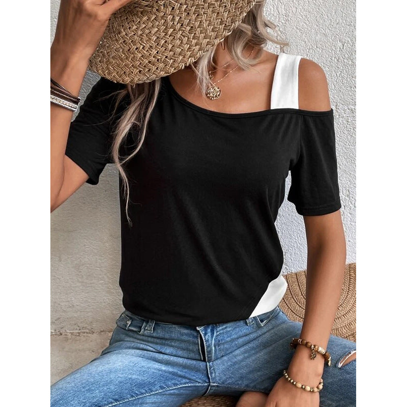 Asymmetrical Shoulder Short Sleeve T-Shirt Color Block Neck Design Casual Fit Women's Top Polyester Fabric New Style - view 3