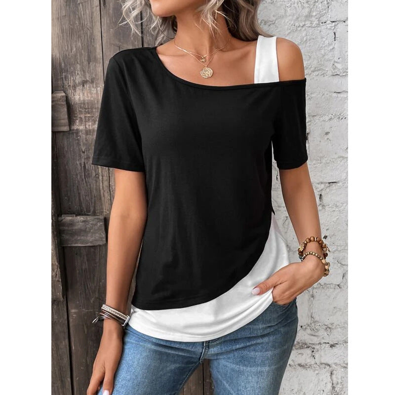 Asymmetrical Shoulder Short Sleeve T-Shirt Color Block Neck Design Casual Fit Women's Top Polyester Fabric New Style - view 4
