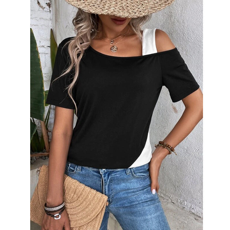 Asymmetrical Shoulder Short Sleeve T-Shirt Color Block Neck Design Casual Fit Women's Top Polyester Fabric New Style - view 5