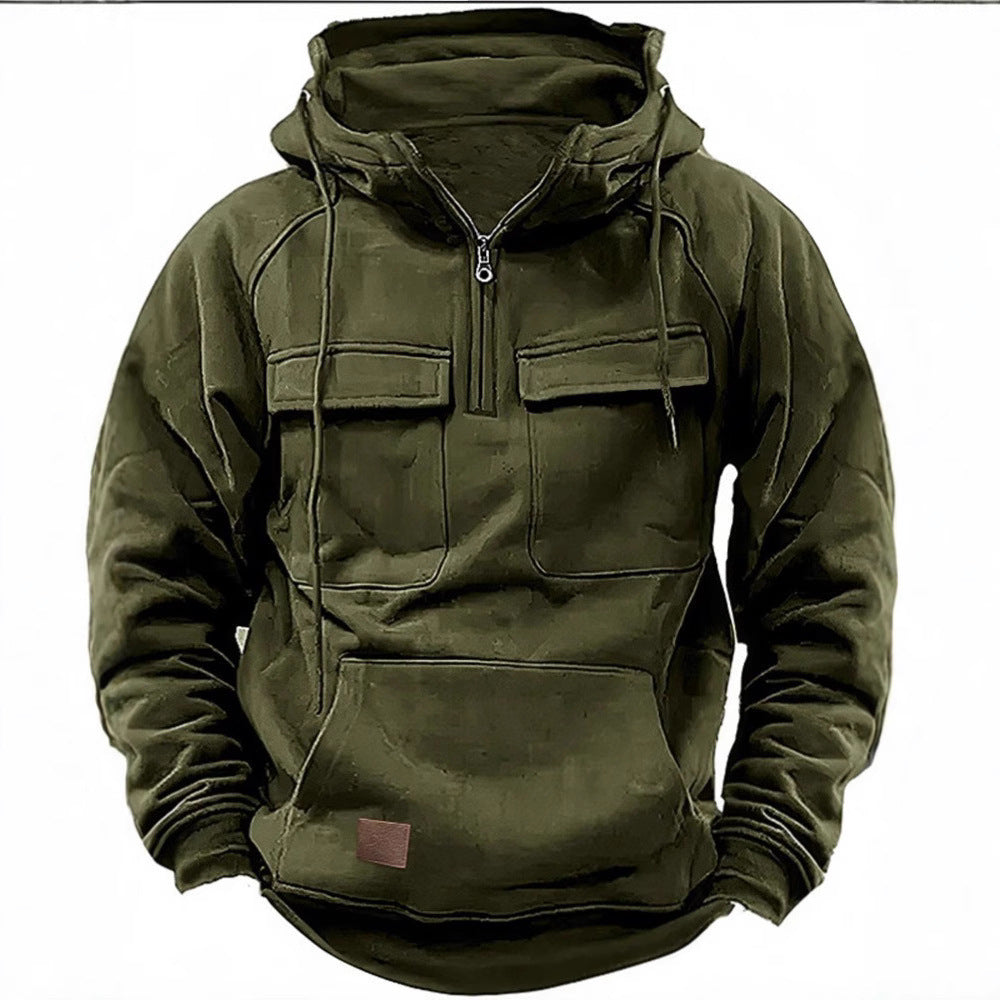 Retro American Men's Hoodie Pure Color Sweatshirt Long Sleeve Autumn Winter Youth Outerwear Casual Loose Fit Zipper Closure - front view
