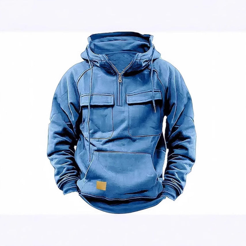 Retro American Men's Hoodie Pure Color Sweatshirt Long Sleeve Autumn Winter Youth Outerwear Casual Loose Fit Zipper Closure - view 2