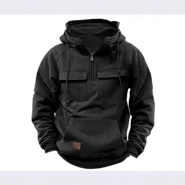 Retro American Men's Hoodie Pure Color Sweatshirt Long Sleeve Autumn Winter Youth Outerwear Casual Loose Fit Zipper Closure - view 3