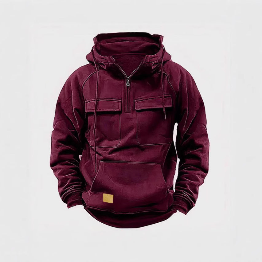 Retro American Men's Hoodie Pure Color Sweatshirt Long Sleeve Autumn Winter Youth Outerwear Casual Loose Fit Zipper Closure - view 4