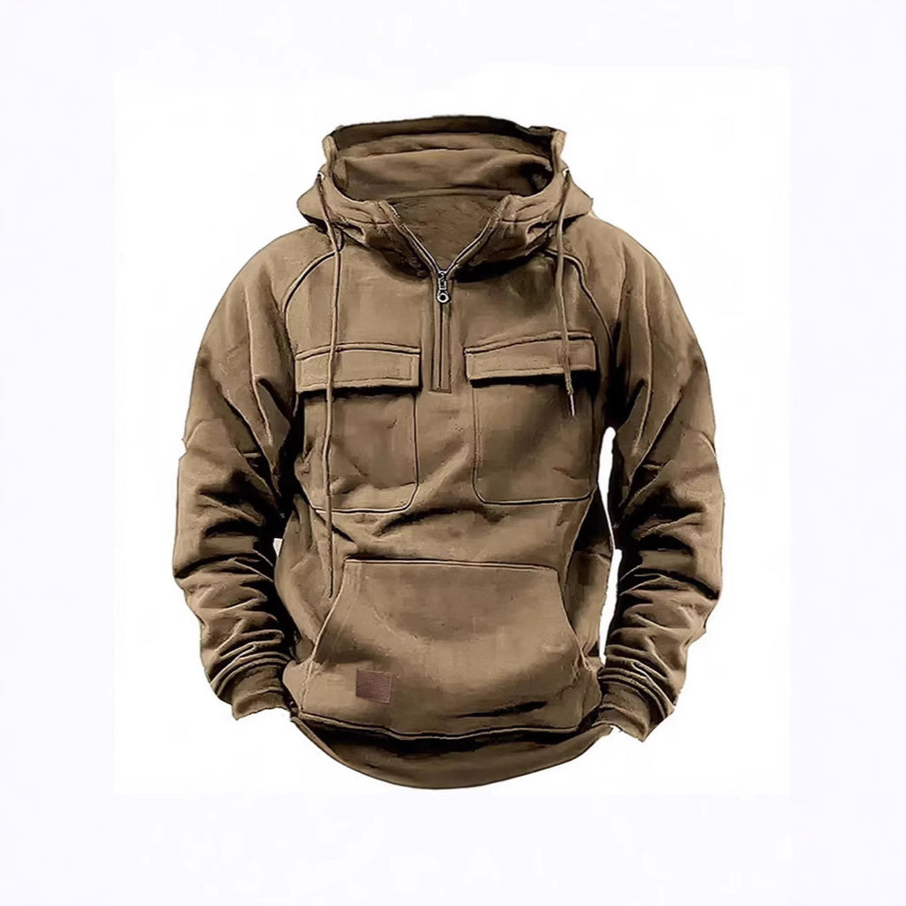 Retro American Men's Hoodie Pure Color Sweatshirt Long Sleeve Autumn Winter Youth Outerwear Casual Loose Fit Zipper Closure - view 5