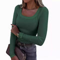 Slim Fit Long Sleeve U Neck Casual Women T Shirt New  Style Ribbed Stripe Sexy Long Women Top - front view