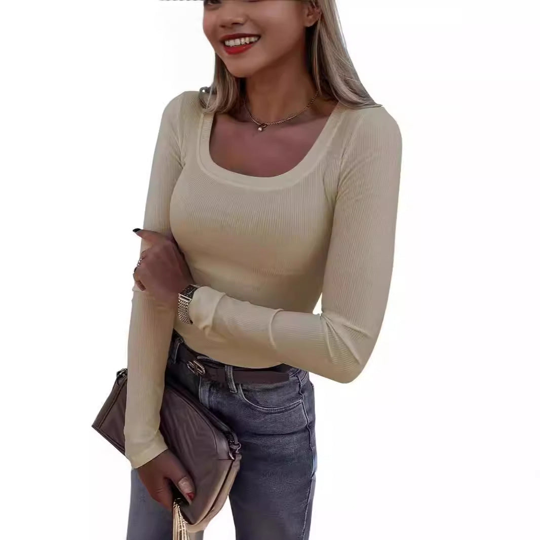 Slim Fit Long Sleeve U Neck Casual Women T Shirt New  Style Ribbed Stripe Sexy Long Women Top - view 2