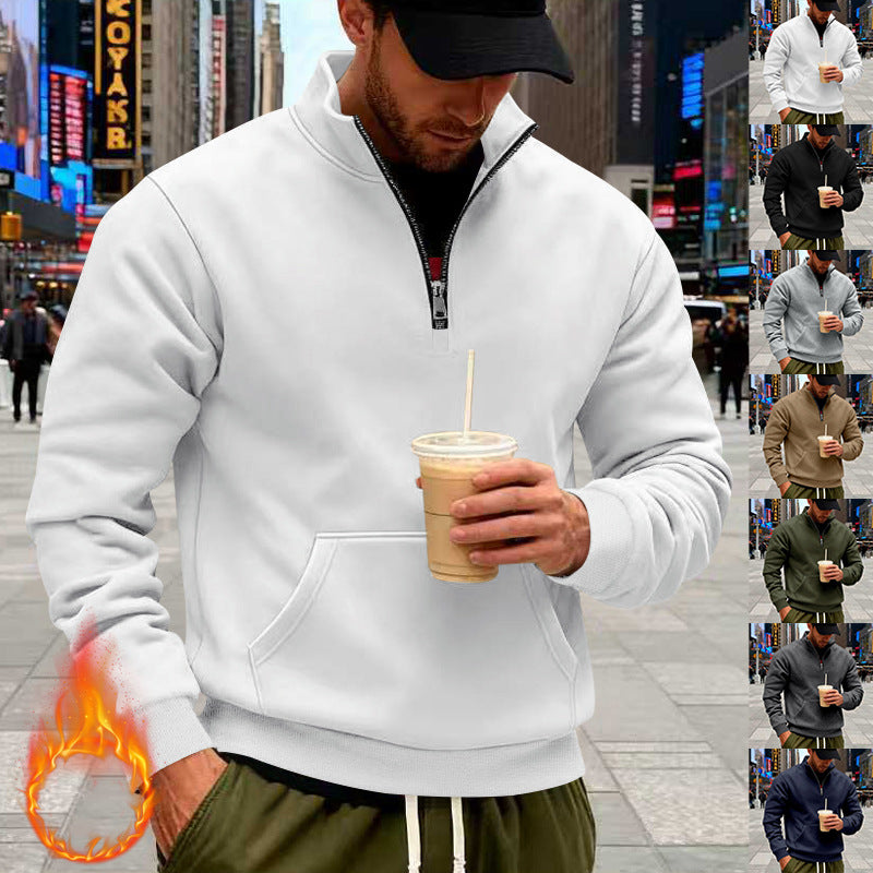 American Style Fleece Lined Men's Sweatshirt Casual Loose Zipper Pocket Heavyweight Men's Hoodie Winter Comfortable Streetwear - front view