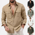 Casual Long Sleeve Men's Shirt With Multiple Pockets  Style Cotton Polyester Blend Spring Autumn Wear - front view
