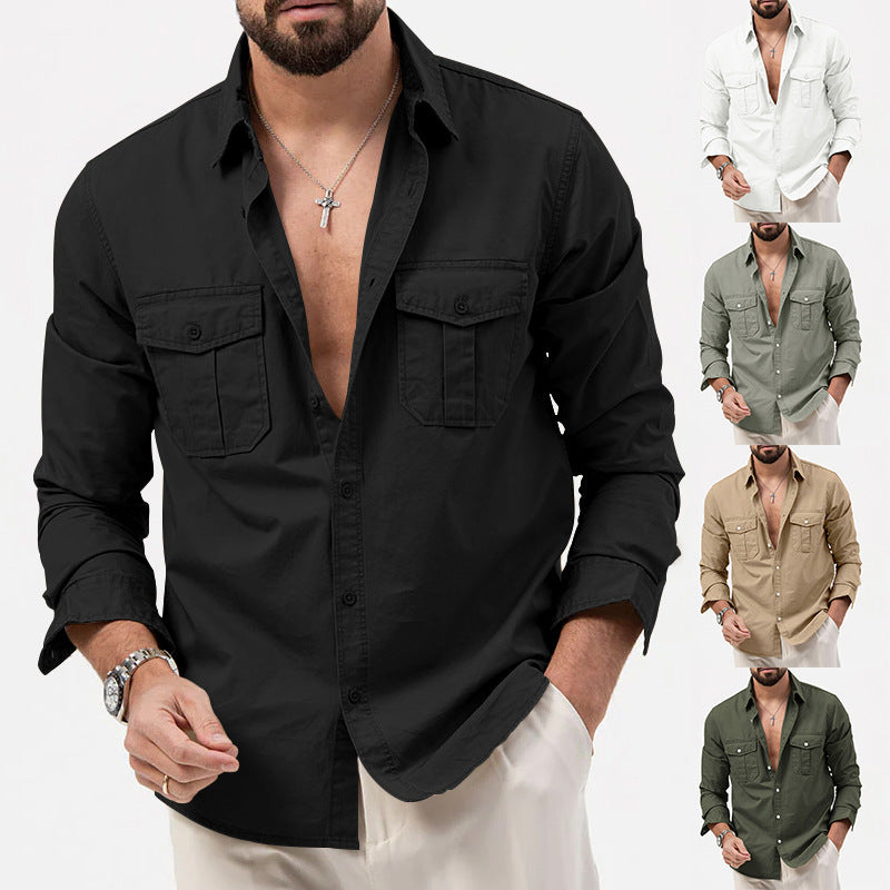 Casual Long Sleeve Men's Shirt With Multiple Pockets  Style Cotton Polyester Blend Spring Autumn Wear - view 2
