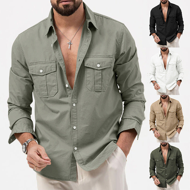 Casual Long Sleeve Men's Shirt With Multiple Pockets  Style Cotton Polyester Blend Spring Autumn Wear - view 3