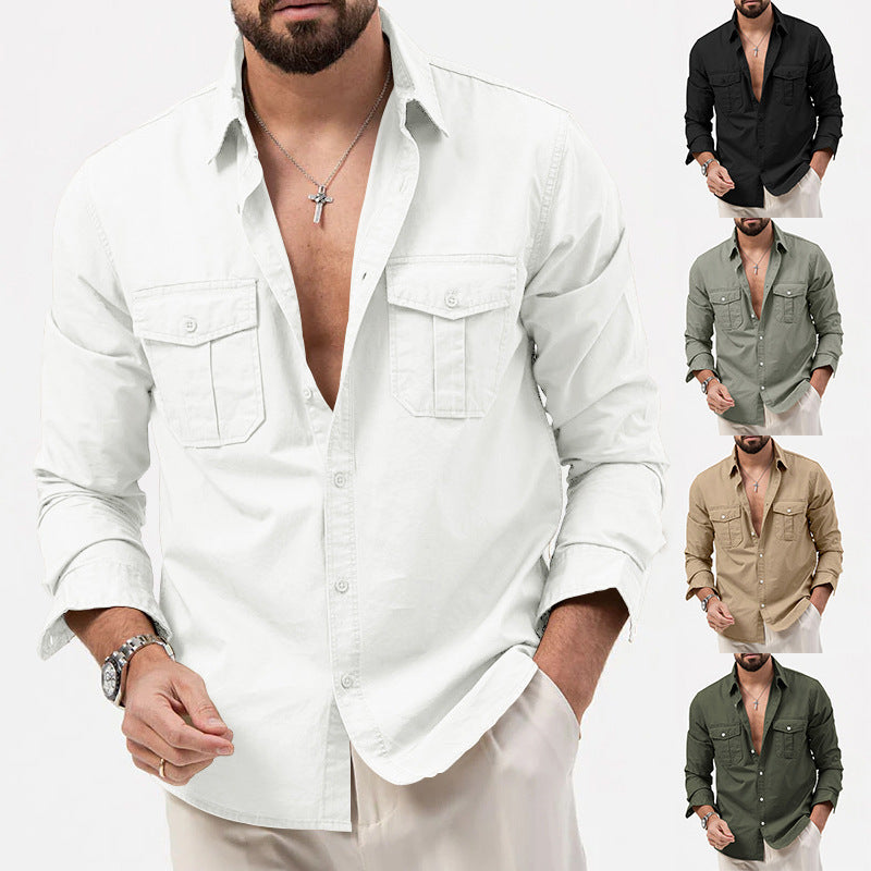 Casual Long Sleeve Men's Shirt With Multiple Pockets  Style Cotton Polyester Blend Spring Autumn Wear - view 4