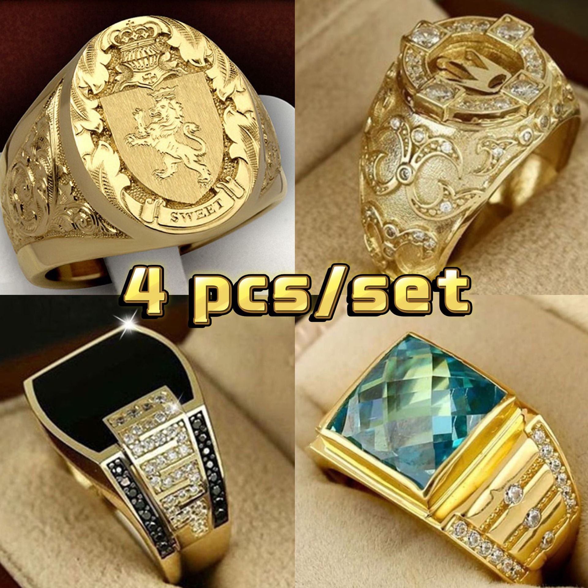 Three Heroes Fashionable Dominant Men's Ring Set Accessories Hot Selling Men's Rings Geometric Pattern Alloy Ins Style Electroplated - front view