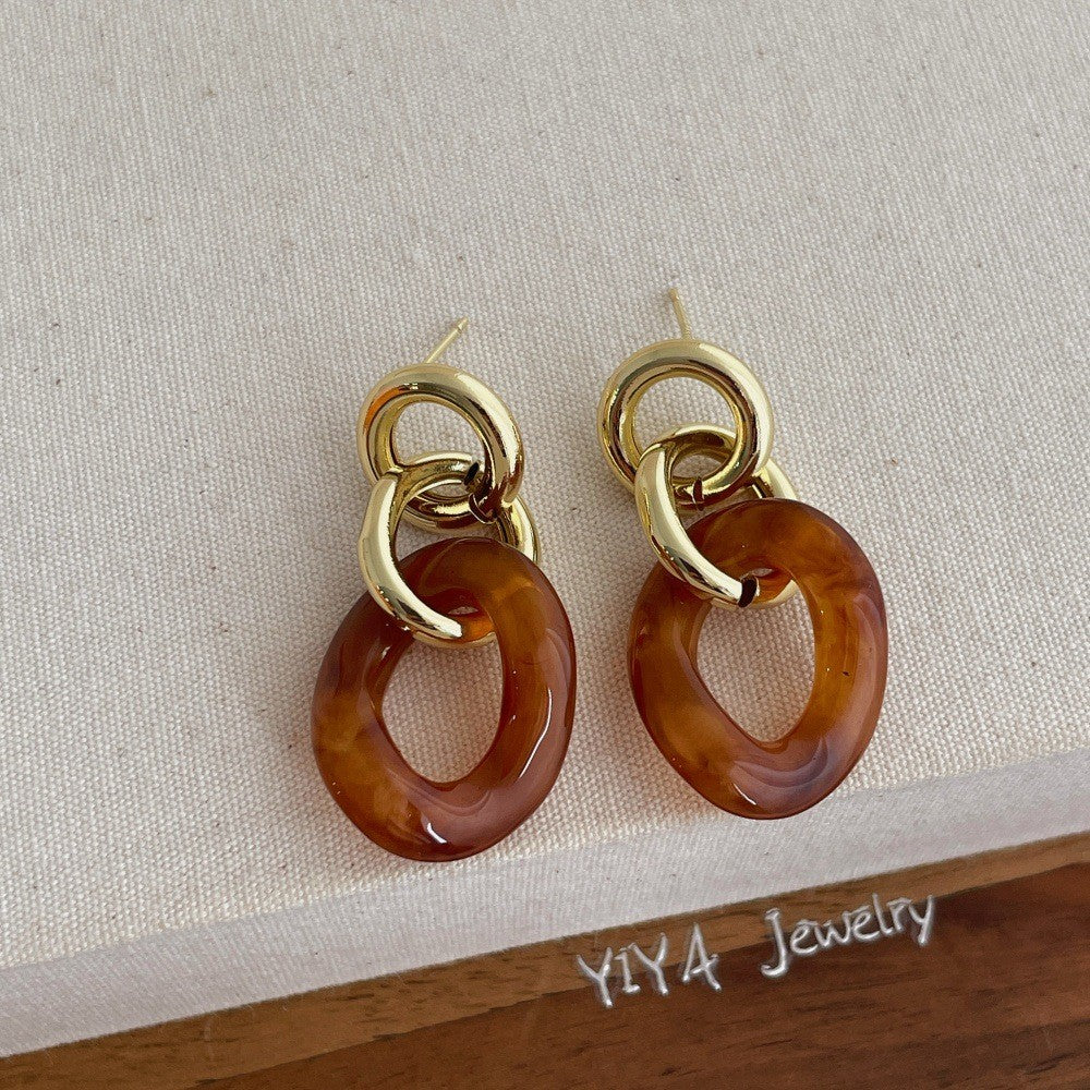 French Style High-Grade Geometric Acrylic Pendant Earrings For Women Exaggerated Hong Kong Style Retro Affordable Luxury Fashionable Plated 14K Real Gold Ear Studs Earrings - view 2