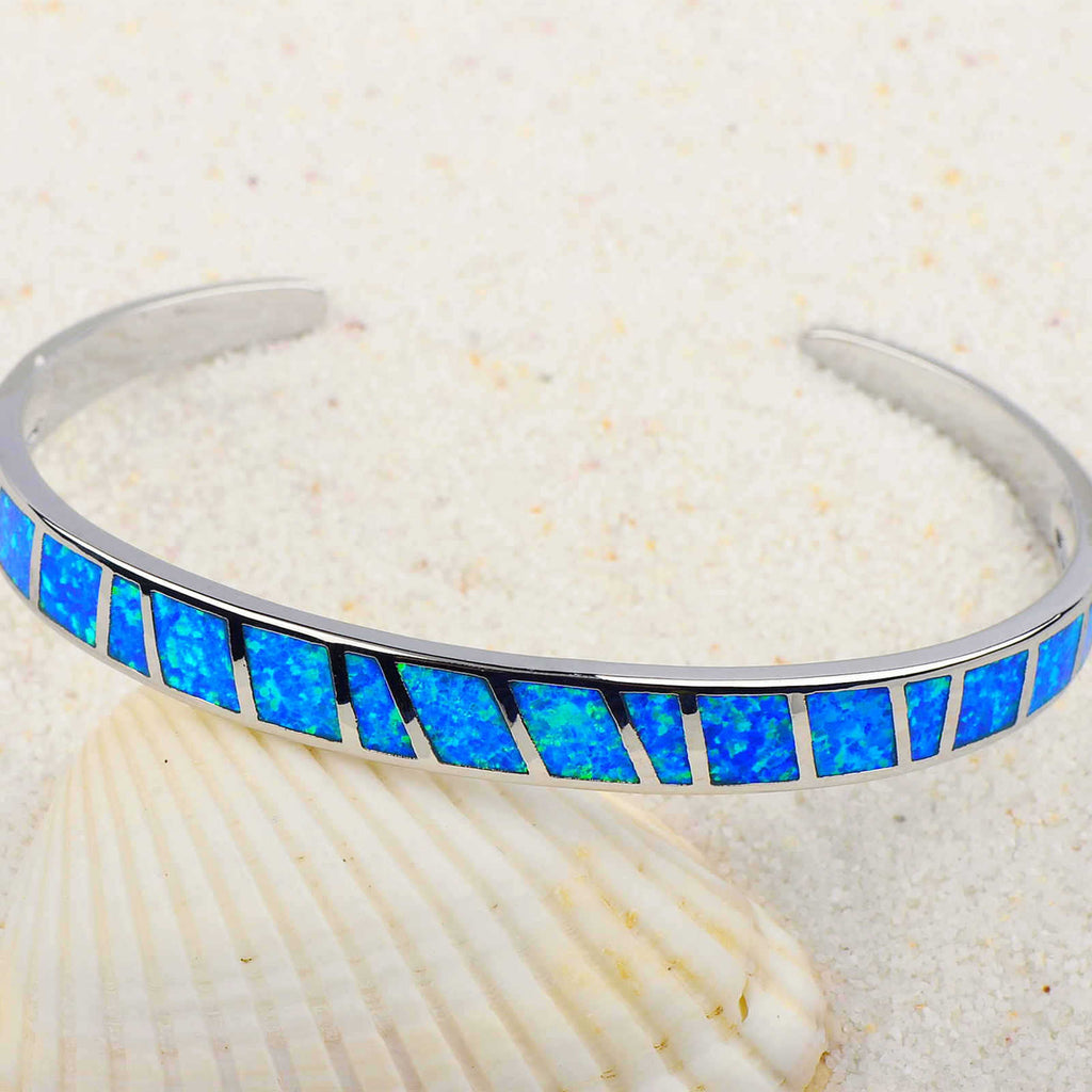 Blue Stripe Opal Bracelet Block Pattern Hawaiian Style Hand Ring Jewelry Engraved Copper Fairy Wind Encrusted With Gemstones - front view