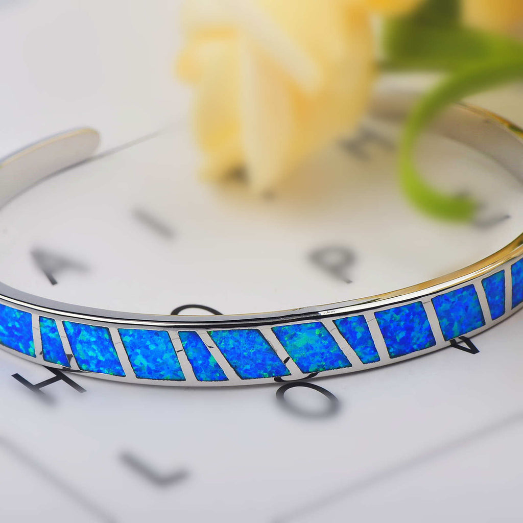 Blue Stripe Opal Bracelet Block Pattern Hawaiian Style Hand Ring Jewelry Engraved Copper Fairy Wind Encrusted With Gemstones - view 3