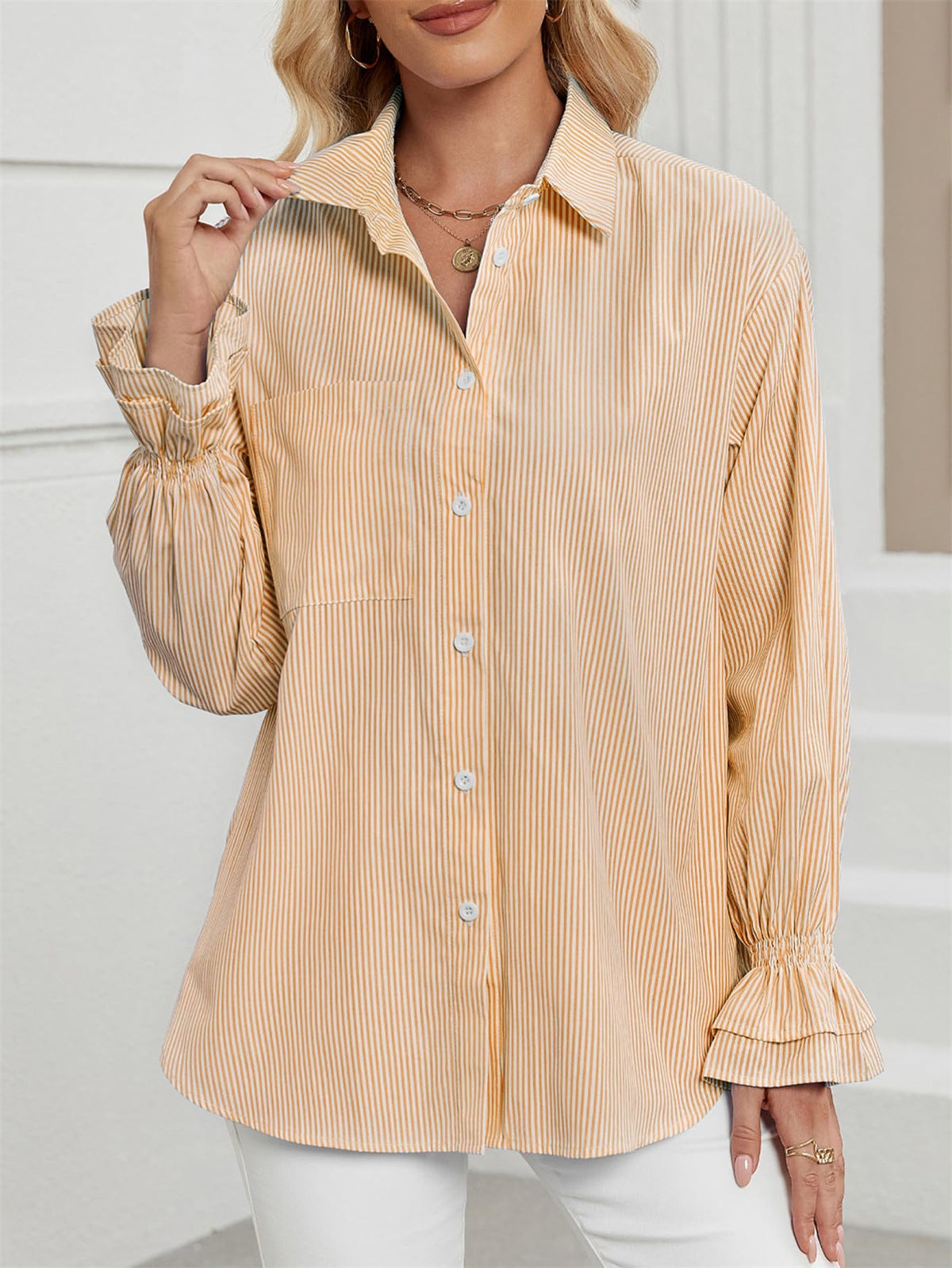 Casual Striped Long Sleeve Shirt Spring   Style Women's Top Daily Wear Floral Sleeve Polyester Fabric - view 5