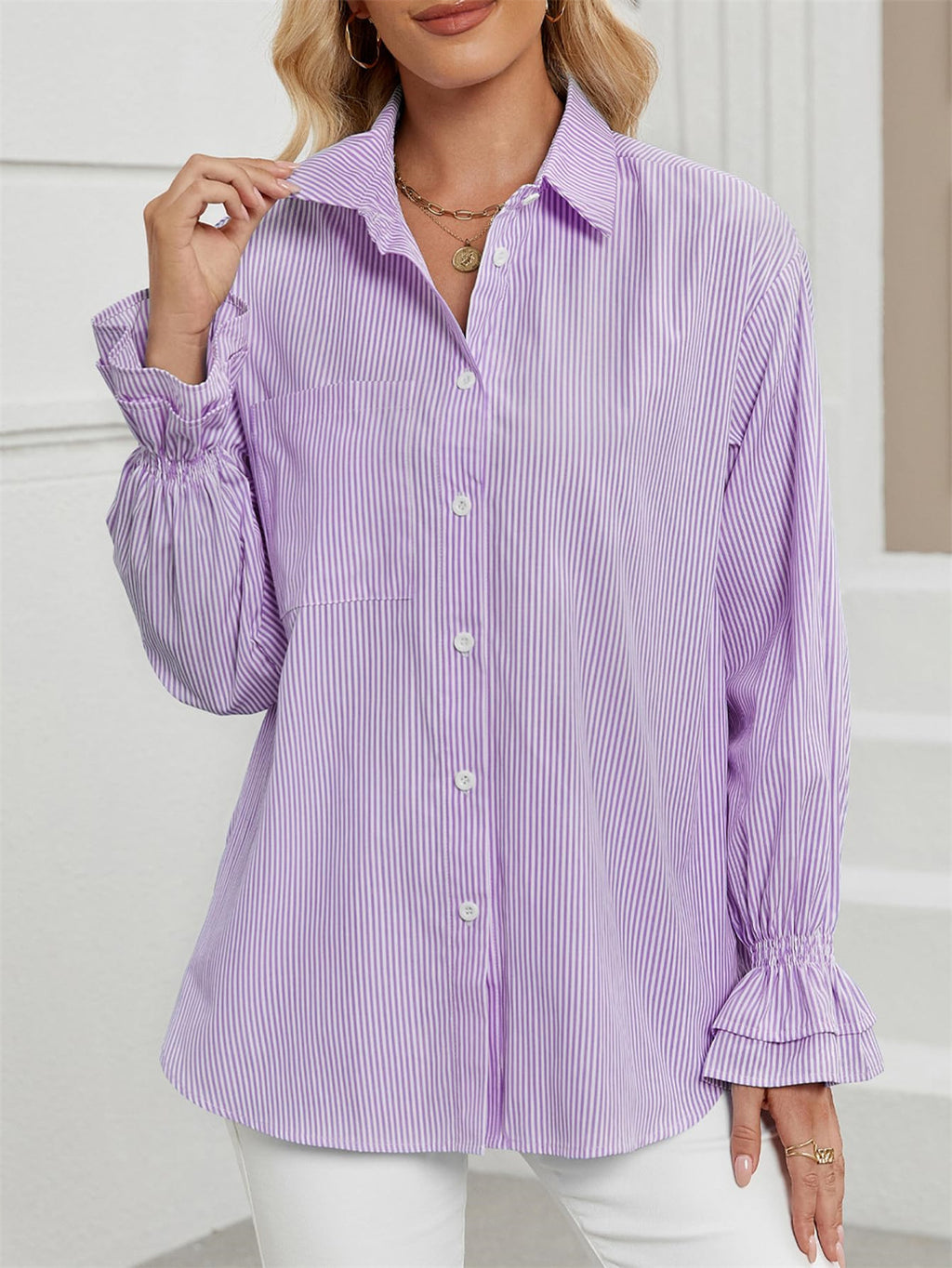 Casual Striped Long Sleeve Shirt Spring   Style Women's Top Daily Wear Floral Sleeve Polyester Fabric - view 3