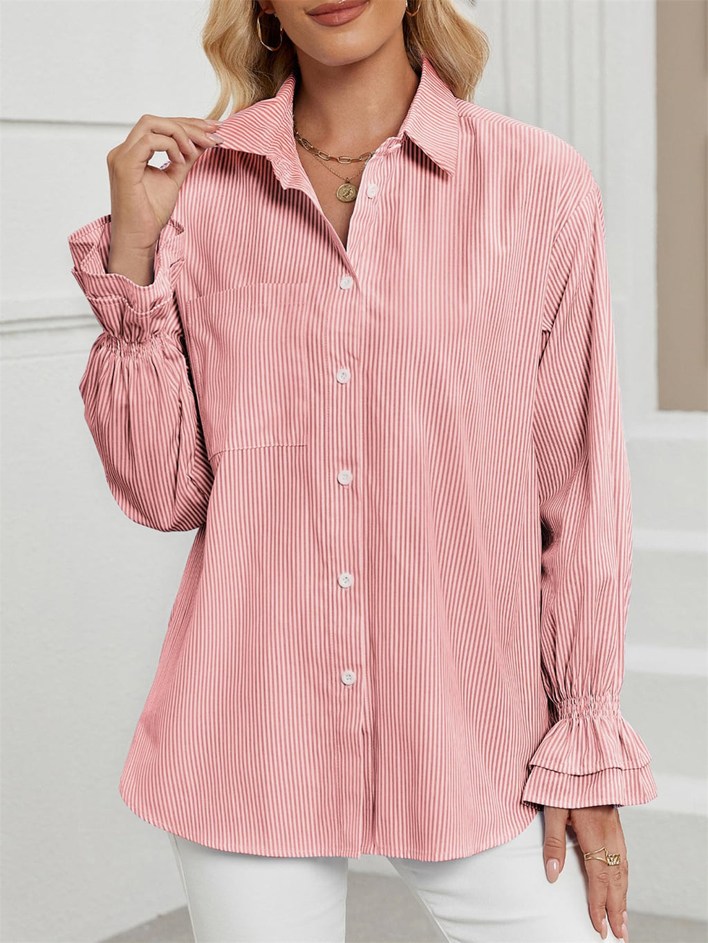 Casual Striped Long Sleeve Shirt Spring   Style Women's Top Daily Wear Floral Sleeve Polyester Fabric - view 4