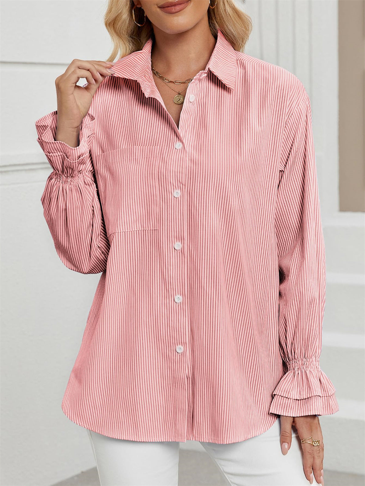 Casual Striped Long Sleeve Shirt Spring   Style Women's Top Daily Wear Floral Sleeve Polyester Fabric - view 4