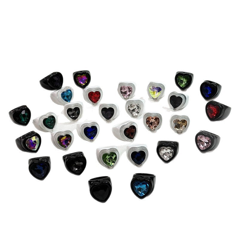 New Heart Shaped Series Flash Diamond Ring Retro Personality Ring Niche Design Black White Ring Band Color Diamond Resin Ring - view 5