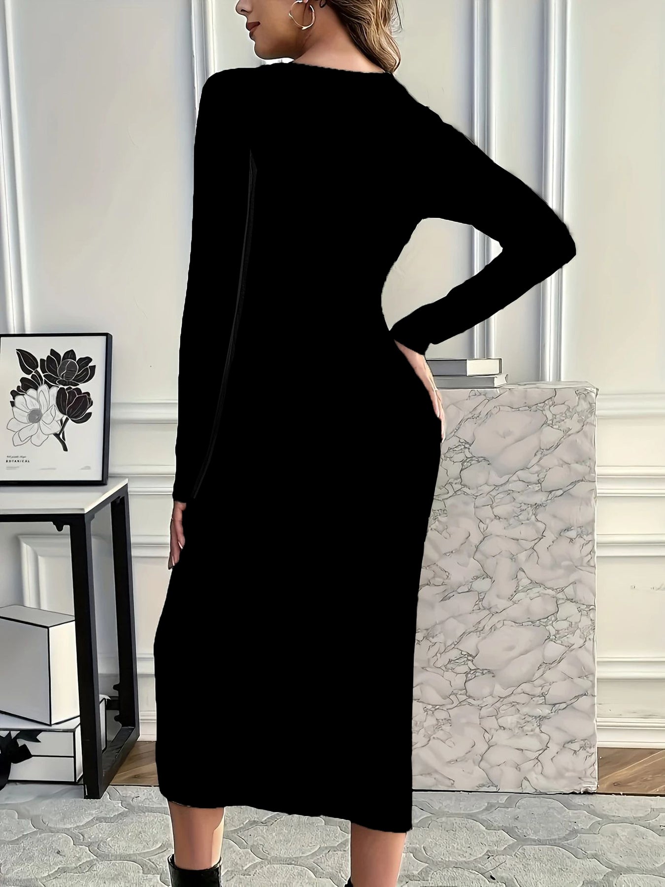 Women's Dress Printed Sports Casual Round Neck Long Sleeve Slit Long Sleeve Dress Bodycon Dress - view 2