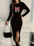 Women's Dress Printed Sports Casual Round Neck Long Sleeve Slit Long Sleeve Dress Bodycon Dress - front view