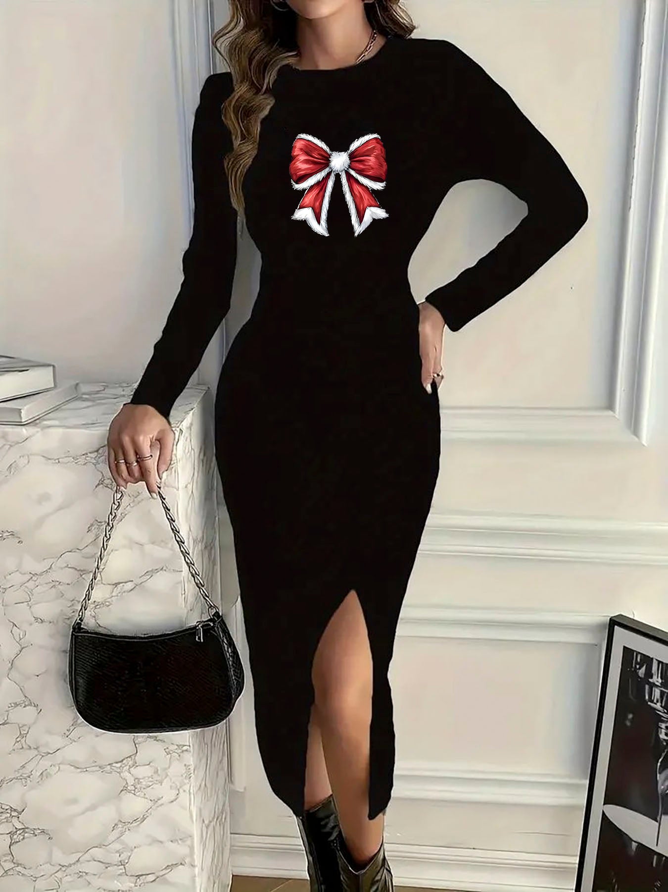Women's Dress Printed Sports Casual Round Neck Long Sleeve Slit Long Sleeve Dress Bodycon Dress - front view