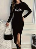 Women's Dress Printed Sports Casual Round Neck Long Sleeve Slit Long Sleeve Dress Bodycon Dress - front view