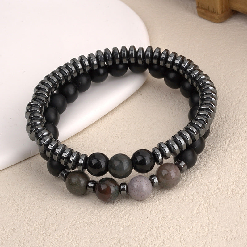Cool Men's Bracelet  New Style Simple Black Agate Map Stone Combination Beads Matte Stone Men's Bracelet Retro Bohemian Pattern - front view
