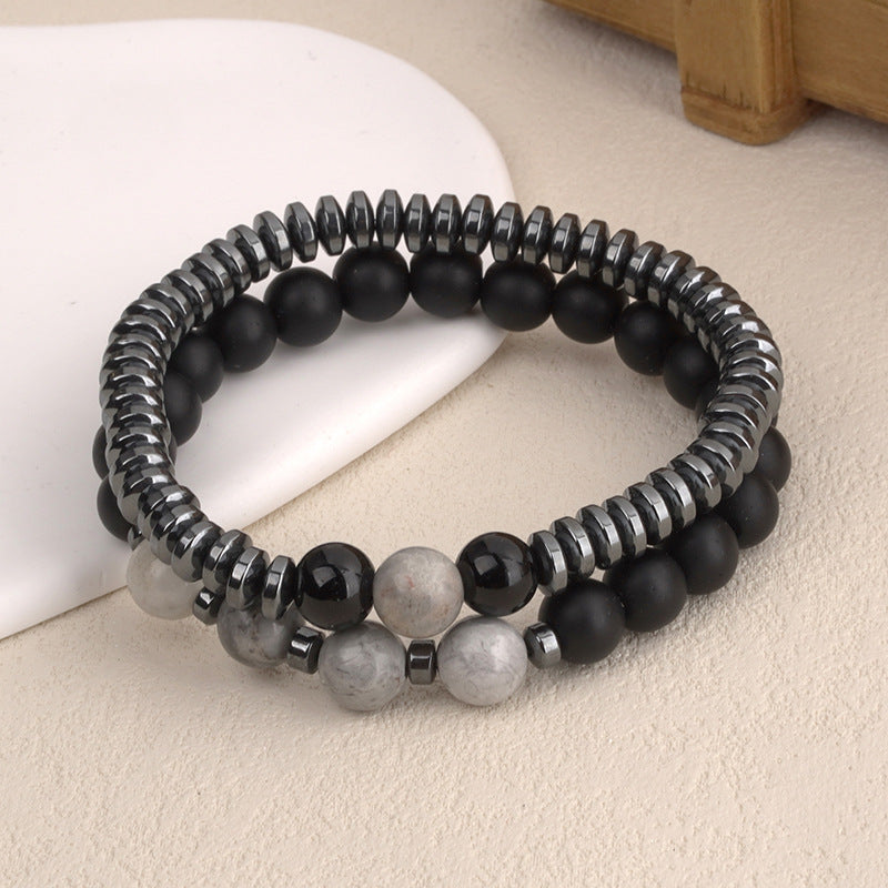 Cool Men's Bracelet  New Style Simple Black Agate Map Stone Combination Beads Matte Stone Men's Bracelet Retro Bohemian Pattern - view 3