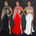 Elegant Long Evening Gown Pure Color Mesh Sparkling Rhinestones Fashionable  Style Women's Dress - front view