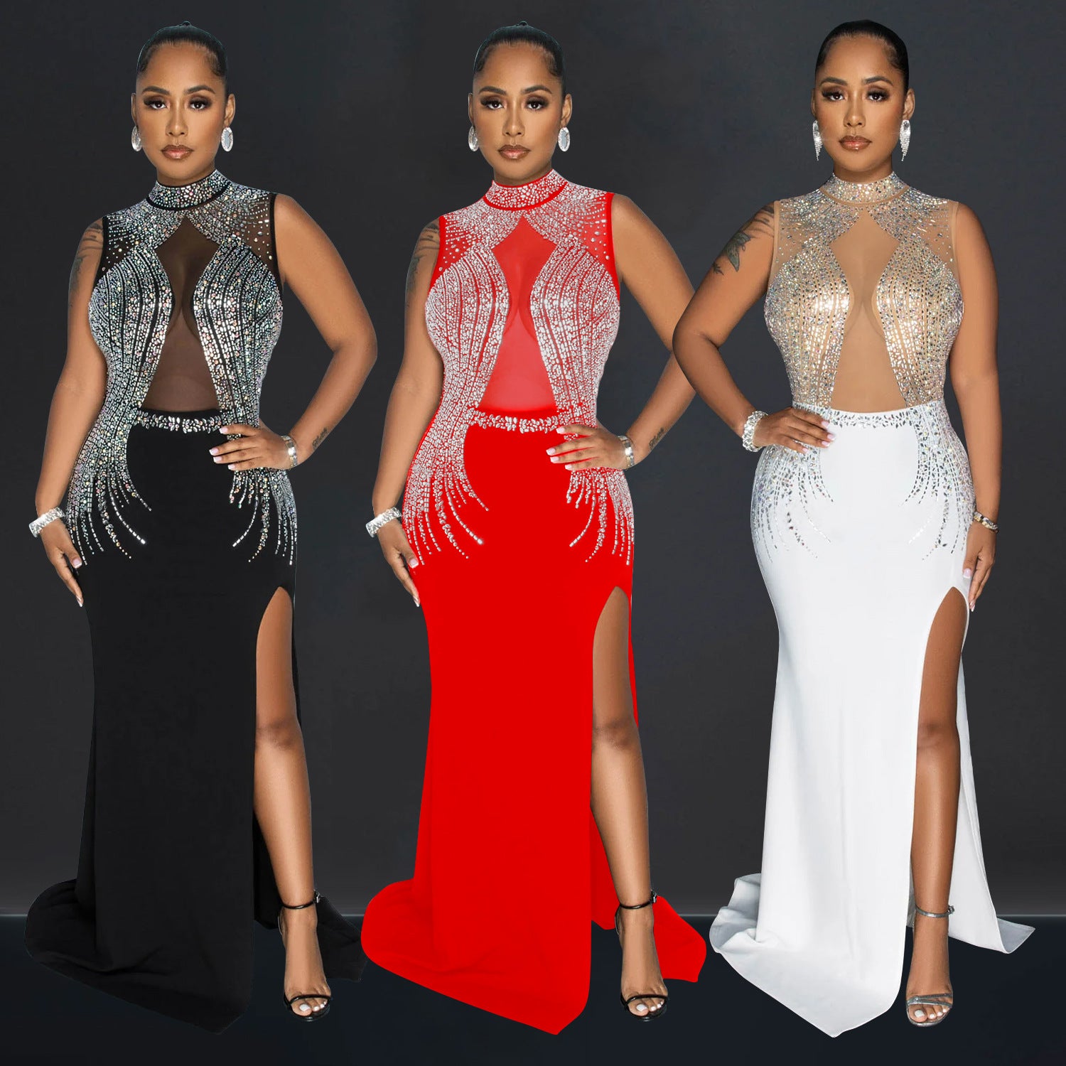 Elegant Long Evening Gown Pure Color Mesh Sparkling Rhinestones Fashionable  Style Women's Dress - front view