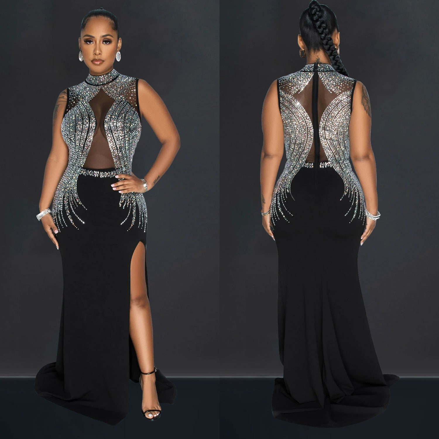 Elegant Long Evening Gown Pure Color Mesh Sparkling Rhinestones Fashionable  Style Women's Dress - view 2