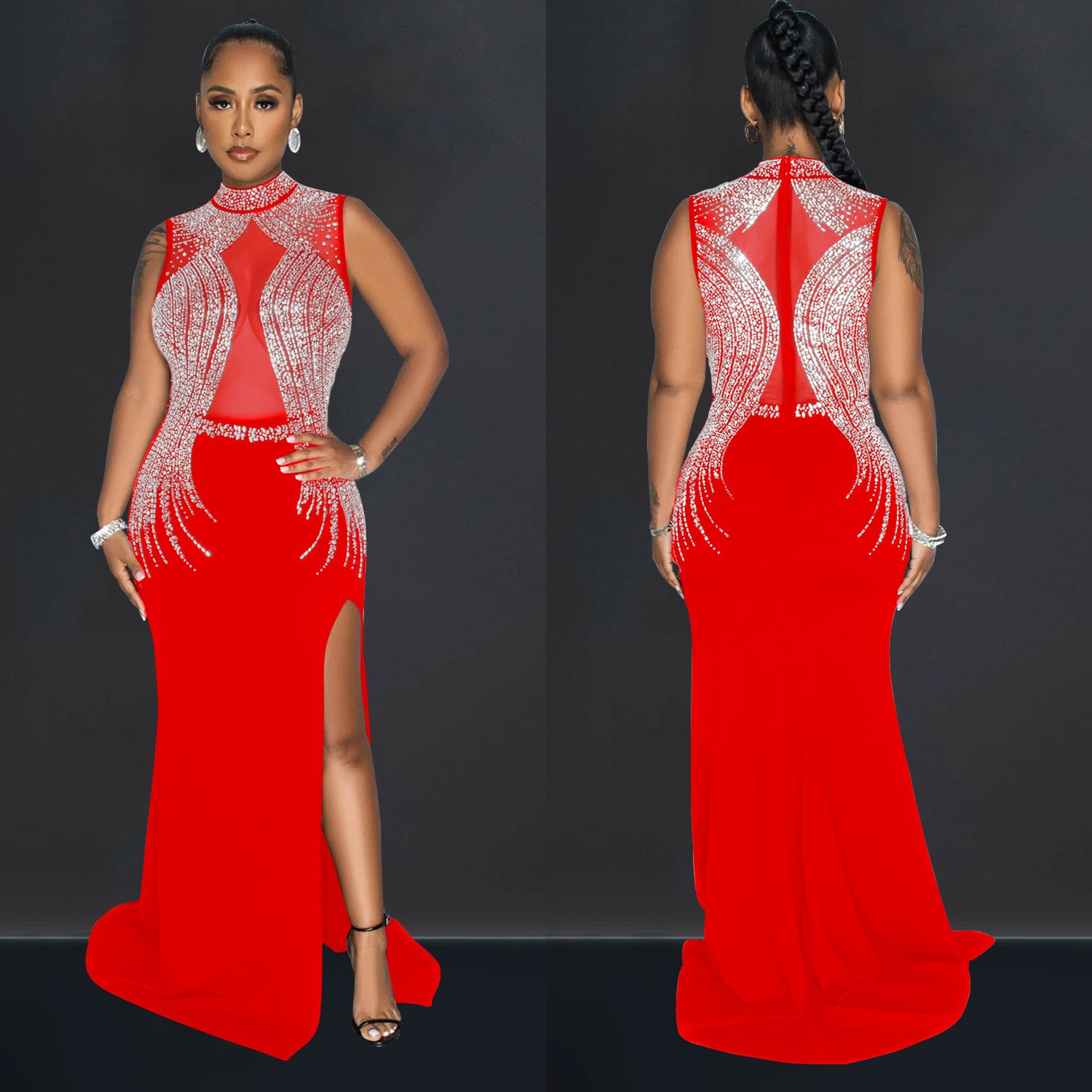 Elegant Long Evening Gown Pure Color Mesh Sparkling Rhinestones Fashionable  Style Women's Dress - view 3
