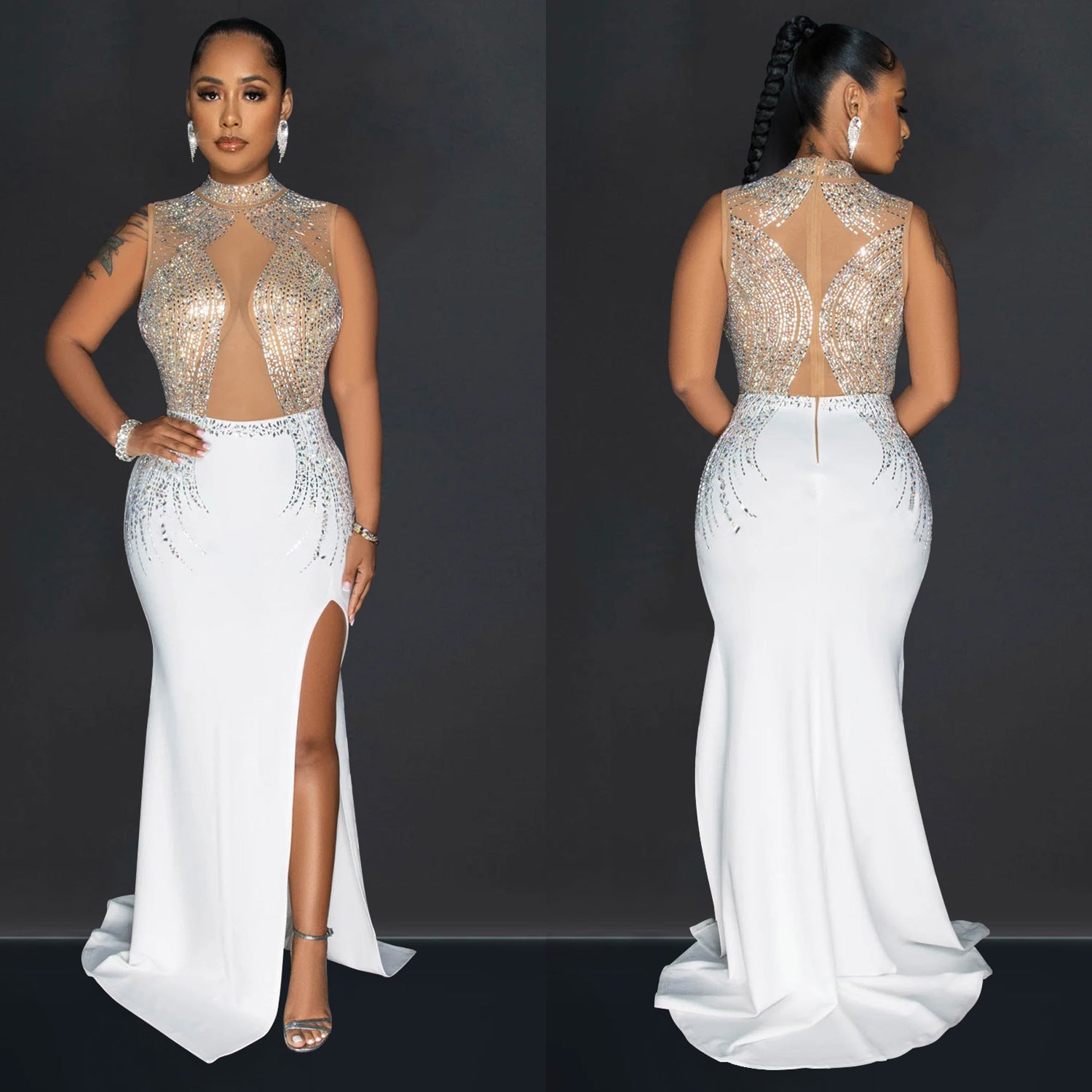 Elegant Long Evening Gown Pure Color Mesh Sparkling Rhinestones Fashionable  Style Women's Dress - view 4