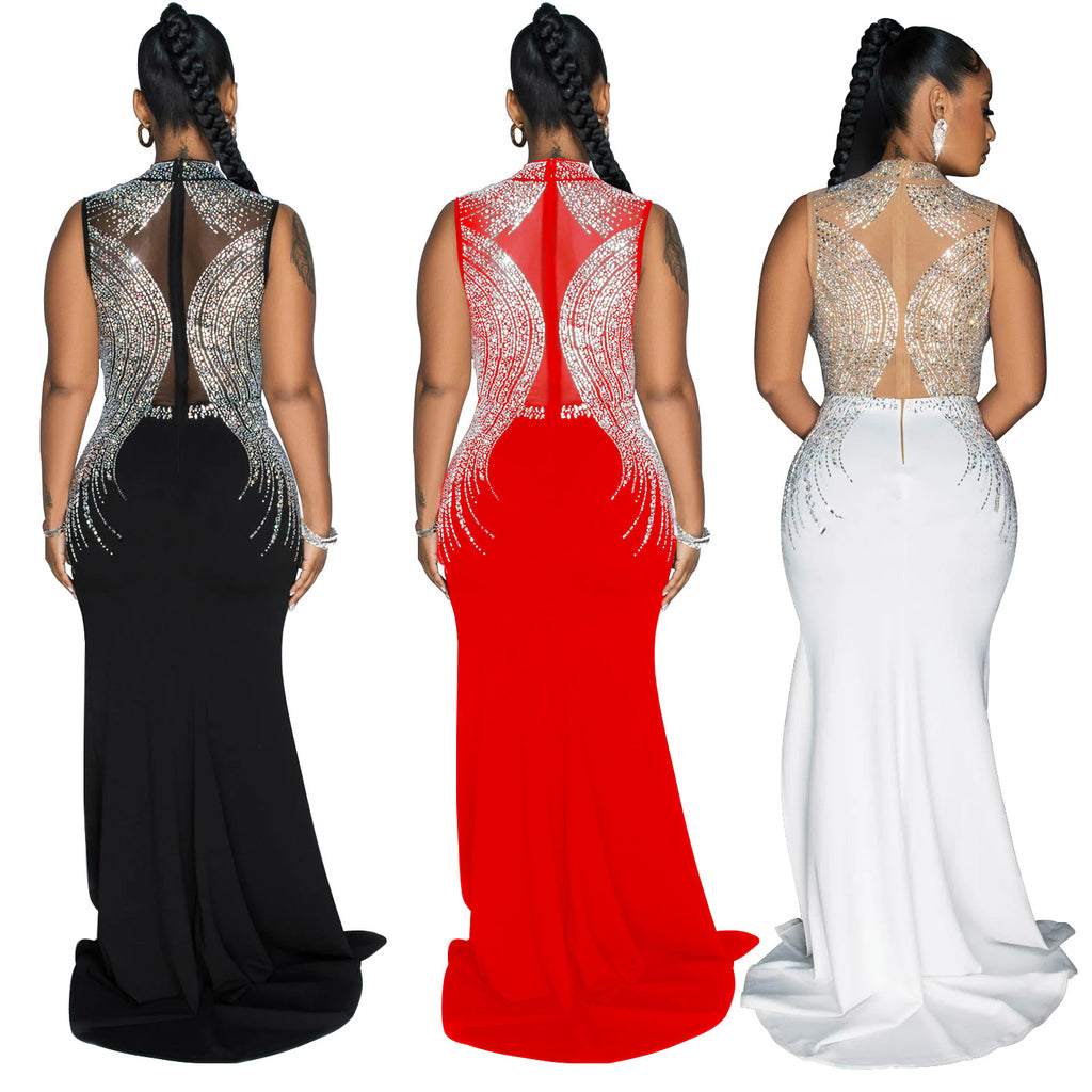 Elegant Long Evening Gown Pure Color Mesh Sparkling Rhinestones Fashionable  Style Women's Dress - view 5