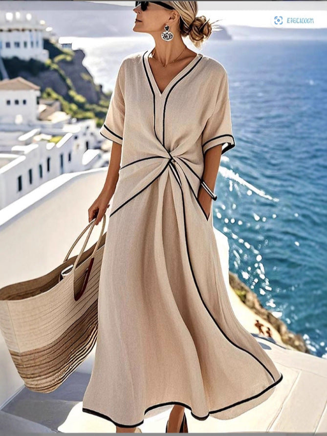 Elegant European V-neck Women's Dress Fashionable Striped Print Ankle-length Geometric Pattern Polyester And Linen Blend - front view